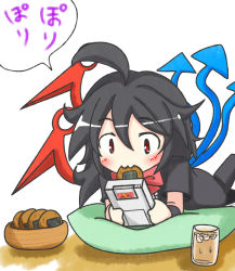Rule 34 | 1990s (style), 1girl, :3, ahoge, asymmetrical wings, black hair, blush, bow, charizard, chibi, cookie, creatures (company), dress, drink, eating, female focus, food, game boy, game boy (original), game freak, gen 1 pokemon, glass, handheld game console, houjuu nue, lying, nintendo, pillow, playing games, pokemon, pokemon (creature), pokemon rgby, red eyes, retro artstyle, rindou (p41neko), short hair, simple background, solo, touhou, white background, wings, wristband