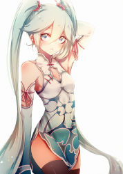 Rule 34 | 1girl, armpits, bananaxcs7, bare shoulders, black thighhighs, blush, breasts, china dress, chinese clothes, cleavage cutout, clothing cutout, detached sleeves, dress, green eyes, green hair, hair ornament, hatsune miku, long hair, looking at viewer, matching hair/eyes, open mouth, pass, project diva (series), project diva f, revision, simple background, sketch, solo, thighhighs, twintails, very long hair, vocaloid, white background, world&#039;s end dancehall (vocaloid)