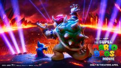 Rule 34 | armlet, army, bowser, bracelet, claws, cloud, cloudy sky, copyright name, crowd, dark clouds, embers, from behind, highres, horns, jewelry, kamek, koopa troopa, logo, mario (series), lava, mountainous horizon, nintendo, official art, promotional art, red hair, robe, scenery, sky, spiked armlet, spiked bracelet, spiked shell, spiked tail, spikes, stage lights, standing, tail, the super mario bros. movie, wand