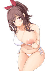 Rule 34 | 1girl, bare shoulders, bikini, blush, bow, breasts, brown hair, cleavage, closed mouth, collarbone, commentary request, curvy, hair bow, halterneck, head tilt, high ponytail, highres, idolmaster, idolmaster shiny colors, inverted nipples, kazuo daisuke, large areolae, large breasts, long hair, looking at viewer, navel, nipples, pink eyes, plump, ponytail, red bow, side-tie bikini bottom, sidelocks, simple background, smile, solo, swept bangs, swimsuit, thick thighs, thighs, tsukioka kogane, white background, white bikini