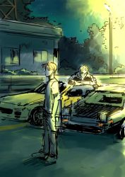 Rule 34 | 2boys, arms at sides, bikkusama, car, denim, fujiwara takumi, hair up, initial d, jeans, leaf, leaning forward, leaning on object, looking at viewer, male focus, motor vehicle, multiple boys, night, outdoors, pale skin, pants, parking lot, parted bangs, profile, shirt, shoes, short hair, short sleeves, sleeves rolled up, spiked hair, standing, t-shirt, takahashi keisuke, tree, white shirt