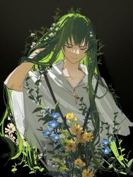 Rule 34 | 1other, androgynous, black background, blue flower, closed eyes, closed mouth, collarbone, enkidu (fate), fate/grand order, fate/strange fake, fate (series), flower, green hair, hand in own hair, hand up, highres, long hair, robe, simple background, smile, solo, upper body, very long hair, white flower, white robe, yanfenguo gao, yellow flower