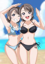 Rule 34 | absurdres, ass, beach, blue eyes, breasts, brown hair, cleavage, gluteal fold, highres, love live!, love live! sunshine!!, midriff, multiple girls, navel, salute, sand, short hair, sky, swimsuit, thighs, uroji geta, watanabe you, watanabe you&#039;s mother