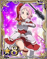 Rule 34 | 10s, 1girl, arm up, armor, bow, bowtie, breastplate, card (medium), dress, hair ornament, hairclip, holding, holding weapon, leg up, lisbeth (sao), pink hair, red dress, red eyes, short hair, solo, striped, striped bow, sword art online, thigh strap, war hammer, warhammer, weapon