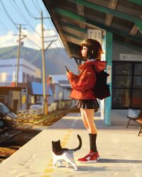 Rule 34 | 1girl, animal, backpack, bag, black skirt, blurry, blurry background, brown hair, cat, cellphone, commentary, day, english commentary, from side, full body, highres, holding, holding phone, jacket, kneehighs, long sleeves, mountain, original, outdoors, phone, profile, railroad tracks, red jacket, sam yang, shadow, shoes, short hair, skirt, smile, sneakers, socks, solo, train station