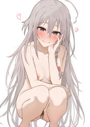 Rule 34 | 1girl, ahoge, blush, braid, breasts, closed mouth, commentary request, completely nude, female pubic hair, gobi (jtnyrwbkohiqsuldg), grey hair, hair between eyes, hand on own cheek, hand on own face, heart, highres, hoshi syoko, idolmaster, idolmaster cinderella girls, long hair, looking at viewer, mismatched pubic hair, nipples, nude, paid reward available, pink eyes, pubic hair, pussy juice, side braid, simple background, single braid, small breasts, smile, solo, squatting, suggestive fluid, sweat, variant set, very long hair, white background