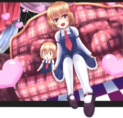 Rule 34 | 1girl, :d, bad id, bad pixiv id, blonde hair, blouse, character doll, checkered floor, couch, dress, floor, frilled dress, frills, hair ribbon, heart, long sleeves, necktie, open mouth, orange eyes, pantyhose, ribbon, rumia, shirt, short hair, sitting, smile, touhou, wendell