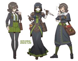 Rule 34 | bag, black hair, breasts, dagger, darkest dungeon, dated, flying sweatdrops, full body, glasses, h ikenuma, hair ornament, hairclip, highres, knife, looking at viewer, medium breasts, medium hair, multiple views, ojou-sama pose, open mouth, pantyhose, plague doctor (darkest dungeon), plague doctor mask, potion, pout, school uniform, shoulder bag, simple background, spiked pauldrons, vial, weapon, white background