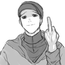 Rule 34 | baseball cap, empty eyes, greyscale, hat, highres, inimu1230, killing stalking, looking at viewer, male focus, middle finger, monochrome, oh sangwoo, shaded face, smile, turtleneck