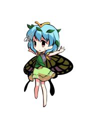 Rule 34 | 1girl, antennae, aqua hair, barefoot, brown eyes, butterfly wings, chibi, dairi, dress, eternity larva, fairy, full body, green dress, hair between eyes, insect wings, leaf, leaf on head, multicolored clothes, multicolored dress, open mouth, short hair, short sleeves, single strap, solo, spread legs, standing, tachi-e, touhou, transparent background, wings