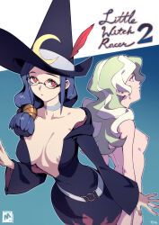 Rule 34 | 2girls, absurdres, back, back-to-back, breasts, cover, diana cavendish, glasses, green hair, hat, highres, little witch academia, medium breasts, moon (symbol), multiple girls, nipples, nude, optionaltypo, purple eyes, red eyes, ursula callistis, witch, witch hat