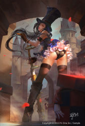 Rule 34 | 1boy, 1girl, absurdres, ass, black hair, blush, boots, breasts, bullet, caitlyn (league of legends), gloves, gun, hat, high heel boots, high heels, highres, hung wan yu, league of legends, leaning forward, lips, long hair, looking at viewer, looking back, petals, rifle, rose petals, shaco, skirt, thighs, top hat, weapon, when you see it, yellow eyes