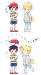Rule 34 | 0mzum1, 2boys, :d, :o, barefoot, baseball cap, black hair, blonde hair, blue eyes, blue pajamas, blue pants, blue shirt, blue shorts, blush, blush stickers, closed mouth, collared shirt, commentary request, doseisan, dotted line, hand up, hat, highres, holding, holding pillow, index finger raised, long sleeves, lucas (mother 3), male focus, messy hair, mother (game), mother 2, mother 3, multiple boys, multiple views, ness (mother 2), nintendo, one eye closed, open mouth, pajamas, pants, pillow, pointing, pointing at another, purple eyes, quiff, red footwear, red headwear, shirt, shoes, short hair, short sleeves, shorts, sideways hat, simple background, squeans, sleepy, smile, socks, standing, striped clothes, striped pajamas, striped pants, striped shirt, t-shirt, telekinesis, toes, translation request, two-tone shirt, wavy mouth, white background, white socks, yellow shirt