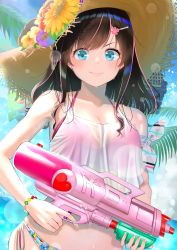 Rule 34 | 1girl, absurdres, armband, bikini, blue eyes, blurry, blurry background, breasts, brown hair, cleavage, closed mouth, collarbone, crop top, day, flower, gun, halterneck, hat, hat flower, highres, holding, holding gun, holding weapon, kizuna ai, kizuna ai inc., lens flare, long hair, medium breasts, multicolored hair, ocean, outdoors, print bikini, print bikini bottom, purple flower, red bikini, red flower, rushian, see-through, side-tie bikini bottom, smile, solo, standing, stomach, straw hat, streaked hair, sun hat, sunlight, swept bangs, swimsuit, upper body, v-shaped eyebrows, virtual youtuber, water gun, weapon, yellow flower, yellow hat