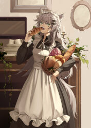 Rule 34 | 1girl, absurdres, animal ears, apron, arknights, basket, bread, candle, commentary, cup, dated commentary, food, frills, green eyes, grey hair, hair ornament, hairclip, highres, holding, holding basket, holding food, lappland (arknights), long hair, looking at viewer, maid, maid apron, maid headdress, plate, solo, suyi-j, tail, wolf ears, wolf girl, wolf tail