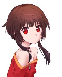 1girl bare_shoulders black_choker breasts brown_hair choker close-up closed_mouth commentary dress from_side hair_over_shoulder highres kikumaru_bunta kono_subarashii_sekai_ni_shukufuku_wo! light_smile looking_at_viewer looking_to_the_side megumin off-shoulder_dress off_shoulder pink_lips portrait red_dress red_eyes short_hair short_hair_with_long_locks sidelocks simple_background small_breasts smile solo upper_body white_background