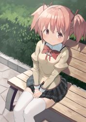 Rule 34 | 1girl, absurdres, black skirt, blush, breasts, closed mouth, cocoa (ultra mdk), commentary, hair ribbon, high collar, highres, juliet sleeves, kaname madoka, long sleeves, mahou shoujo madoka magica, mitakihara school uniform, on bench, pink eyes, pink hair, plaid, plaid skirt, pleated skirt, puffy sleeves, red ribbon, ribbon, school uniform, short hair, short twintails, sitting, skirt, small breasts, smile, solo, thighhighs, twintails, white thighhighs, zettai ryouiki
