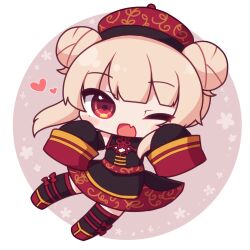 Rule 34 | 1girl, ;d, black dress, black sleeves, black thighhighs, blush stickers, brown background, chibi, commentary request, detached sleeves, double bun, dress, fang, floral background, full body, hair bun, highres, jiangshi costume, light brown hair, long hair, long sleeves, looking at viewer, natori sana, one eye closed, open mouth, red eyes, red footwear, red headwear, rensei, round image, sana channel, shoes, sleeveless, sleeveless dress, sleeves past fingers, sleeves past wrists, smile, solo, thighhighs, two-tone background, virtual youtuber, white background