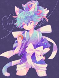 Rule 34 | 10s, 1boy, animal ears, blue eyes, blue hair, cat boy, cat ears, cat tail, food, fruit, heart, heart of string, japanese clothes, kemonomimi mode, male focus, matching hair/eyes, open mouth, persimmon, ponytail, sayo samonji, shorts, solo, tail, touken ranbu, zippo (3756c)