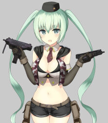 Rule 34 | 1girl, black gloves, black hat, black shorts, breasts, cleavage, commentary, core (pusn3354), cowboy shot, dual wielding, english commentary, girls&#039; frontline, gloves, green eyes, green hair, grey background, gun, hat, highres, holding, holding gun, holding weapon, large breasts, long hair, looking at viewer, micro uzi, micro uzi (girls&#039; frontline), navel, necktie, open mouth, red necktie, short necktie, shorts, simple background, solo, submachine gun, tank top, twintails, very long hair, weapon
