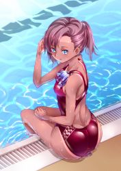 Rule 34 | 1girl, ass, blue eyes, breasts, brown hair, competition swimsuit, md5 mismatch, mendou saya, one-piece swimsuit, original, ponytail, poolside, resolution mismatch, short hair, sitting, source smaller, swimsuit, tan, tanline, wet