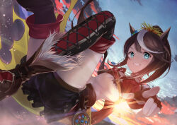 Rule 34 | 1girl, animal ears, belt, blue eyes, boots, breasts, brown hair, cloud, cloudy sky, commentary request, crop top, fingerless gloves, floating, foreshortening, gloves, high ponytail, highres, horse ears, horse girl, jacket, kainown, knee boots, lens flare, long hair, looking at viewer, midriff, multicolored hair, official alternate costume, partial commentary, pleated skirt, pointing, pointing at viewer, red jacket, shorts, sidelocks, skirt, sky, small breasts, solo, streaked hair, sunset, swept bangs, tokai teio (beyond the horizon) (umamusume), tokai teio (umamusume), two-tone hair, umamusume, white hair