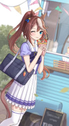 Rule 34 | 1girl, absurdres, animal ears, bag, banana, banana slice, blue bag, blue eyes, blueberry, blurry, blurry background, blush, bottle, bow, brown hair, carrot, charm (object), closed mouth, crepe, dutch angle, eyelashes, fingernails, food, food on face, food truck, frills, fruit, glint, hair ornament, highres, holding, holding food, horse ears, horse girl, horse tail, leaf, licking lips, light brown hair, light particles, light rays, long fingernails, long hair, multicolored hair, nail polish, napkin, one eye closed, outdoors, pink bow, pink nails, pocky, ponytail, qrio 77, sign, solo, sprinkles, strawberry, striped, tail, thighhighs, tokai teio (umamusume), tongue, tongue out, umamusume, very long hair, white thighhighs, wind, zipper, zipper pull tab