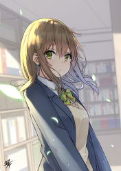 Rule 34 | 1girl, black jacket, blazer, blush, bookshelf, bow, bowtie, brown hair, closed mouth, commentary request, from side, gradient hair, green bow, green bowtie, green eyes, grey hair, highres, indoors, jacket, library, long hair, long sleeves, looking at viewer, looking to the side, miko fly, multicolored hair, open clothes, open jacket, original, school uniform, signature, solo, upper body