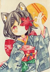 Rule 34 | 1girl, absurdres, animal ear fluff, animal ears, arm up, autumn, blush, bright pupils, brown hair, cat ears, circle, closed mouth, commentary request, cowboy shot, flower-shaped pupils, grey kimono, hands up, highres, holding, holding leaf, japanese clothes, kimono, layered clothes, layered kimono, leaf, long sleeves, looking at viewer, lupin strawberry, medium hair, obi, obiage, obijime, one eye covered, original, painting (medium), patterned clothing, patterned hair, pink kimono, red eyes, red sash, sash, solo, symbol-shaped pupils, traditional media, watercolor (medium), white pupils, wide sleeves