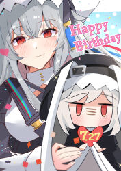 Rule 34 | 1girl, absurdres, akabeko123, arknights, black dress, blush, character doll, closed mouth, commentary request, confetti, doll, dress, eyes visible through hair, fang, glint, grey hair, hair between eyes, happy birthday, head scarf, heart, highres, holding, holding doll, jitome, long hair, long sleeves, looking at viewer, red eyes, sketch, skin fang, smile, solo, sparkle, specter (arknights), upper body