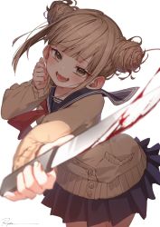 Rule 34 | 1girl, :d, bad id, bad twitter id, blonde hair, blood, bloody knife, blunt bangs, blurry, blurry foreground, boku no hero academia, cardigan, cowboy shot, depth of field, double bun, fangs, hair bun, highres, holding, holding knife, knife, long sleeves, looking at viewer, open mouth, pleated skirt, red neckwear, ryota (ry o ta), sailor collar, school uniform, serafuku, sidelocks, signature, simple background, skirt, smile, solo, toga himiko, tongue, white background, yellow eyes