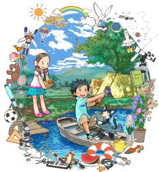 Rule 34 | aircraft, airplane, badminton racket, ball, baseball bat, basket, bird, black hair, blue sky, boat, brown eyes, brown hair, bug, butterfly, carrot, cat, child, cloud, commentary request, compass (instrument), constellation, crocs, doll, dress, eraser, fish, fishing rod, flower, flute, food, frilled dress, frills, fruit, goggles, hair ornament, hairclip, highres, holding, holding basket, holding fishing rod, innertube, insect, instrument, keyboard (instrument), kodomo yume kikin, lake, low twintails, microscope, nishimura kinu, notebook, official art, open mouth, origami, paintbrush, palette (object), parachute, pencil, planet, plant, plate, polo shirt, potted plant, protractor, racket, rake, recorder, rhinoceros beetle, satellite, scissors, shuttlecock, sketchbook, sky, smile, snorkel, soccer ball, spacecraft, stag beetle, starfish, stuffed animal, stuffed toy, sun, swim ring, teddy bear, telescope, tent, tree, twintails, watercraft, watering can, watermelon