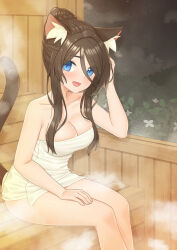 Rule 34 | 1girl, :d, absurdres, adjusting hair, aina (mao lian), alternate hairstyle, animal ears, bare legs, blue eyes, breasts, cat ears, cat tail, cleavage, feet out of frame, hair between eyes, hair up, highres, leaning forward, mao lian (nekokao), medium breasts, naked towel, night, open mouth, original, sidelocks, smile, solo, tail, towel