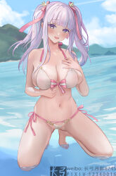 Rule 34 | 1girl, absurdres, azur lane, bikini, blue sky, bow, bow bikini, breasts, cloud, cloudy sky, day, front-tie bikini top, front-tie top, hair ribbon, highres, large breasts, light purple hair, long hair, mountain, navel, official alternate costume, outdoors, pink bow, plymouth (azur lane), plymouth (heart-throbbing refreshment) (azur lane), ribbon, side-tie bikini bottom, sky, solo, swimsuit, twintails, wading, white bikini, zhanggong