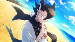 Rule 34 | 1boy, beach, black hair, black scarf, box, closed mouth, cloud, commentary request, creatures (company), day, game freak, gift, gift box, grey eyes, grimsley (pokemon), hand up, highres, holding, looking at viewer, male focus, momoji (lobolobo2010), nintendo, one eye closed, outdoors, pokemon, pokemon sm, ribbon, sand, scarf, shore, sky, smile, solo, upper body, water, yellow ribbon