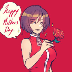 Rule 34 | 1koma, bare arms, breasts, brown eyes, brown hair, comic, commentary, english text, flower, grin, highres, hikusa, holding, holding flower, looking at viewer, medium breasts, meiko (vocaloid), mother&#039;s day, parted lips, red background, red flower, red nails, red rose, red shirt, rose, shirt, short hair, sleeveless, sleeveless shirt, smile, solo, sparkle, symbol-only commentary, upper body, vocaloid, zipper pull tab