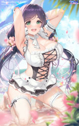 Rule 34 | 1girl, :d, arm strap, armpits, arms behind head, arms up, beach, bikini, bikini skirt, blurry, blurry foreground, blush, breasts, character name, cleavage, clothing cutout, covered erect nipples, cross-laced clothes, cross-laced cutout, detached collar, fishnet thighhighs, fishnets, flower, glasses, green eyes, hair flower, hair ornament, happy birthday, heel up, highres, hozumi kaoru, inflatable toy, kneeling, large breasts, long hair, looking at viewer, love live!, low twintails, navel, ocean, open mouth, petals, purple hair, skirt, sky, smile, solo, swept bangs, swimsuit, thighhighs, thighs, tojo nozomi, twintails, very long hair, white bikini, white thighhighs, zettai ryouiki