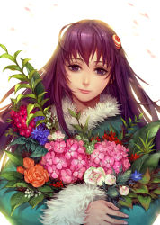 Rule 34 | 1girl, ahria (asura&#039;s wrath), asura&#039;s wrath, black hair, bouquet, capcom, carrying, closed mouth, coat, facing viewer, flower, girl (asura&#039;s wrath), hair ornament, happy, holding, holding flower, hydrangea, jacket, leaf, long hair, long sleeves, looking at viewer, purple eyes, purple hair, smile, solo, upper body, village girl (asura&#039;s wrath), white background, yufy