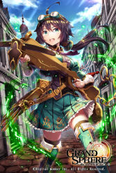Rule 34 | 1girl, :d, ahoge, ascot, black thighhighs, blue sky, boots, bow (weapon), brown hair, cloud, crossbow, day, floating hair, frilled skirt, frills, gabiran, goggles, goggles on head, grand sphere, green eyes, hair between eyes, holding, holding weapon, long hair, looking at viewer, miniskirt, official art, open mouth, outdoors, pleated skirt, ponytail, print skirt, purple ascot, skirt, sky, smile, solo, standing, sunlight, thigh boots, thighhighs, weapon, zettai ryouiki
