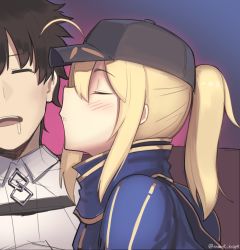Rule 34 | 1boy, 1girl, ahoge, artoria pendragon (fate), baseball cap, black headwear, blonde hair, blue jacket, blush, boa (brianoa), brown hair, collared jacket, drooling, closed eyes, fate/grand order, fate (series), from side, fujimaru ritsuka (male), hat, highres, imminent kiss, jacket, mysterious heroine x (fate), open mouth, parted lips, ponytail, profile, purple background, sleeping, twitter username, white jacket