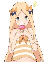 Rule 34 | + +, 1girl, abigail williams (fate), absurdres, bare arms, bare shoulders, black bow, blonde hair, blue eyes, blush, bow, camisole, commentary request, covered mouth, double scoop, fate/grand order, fate (series), food, forehead, groin, hair bow, highres, holding, holding food, ice cream, ice cream cone, long hair, mitchi, navel, orange bow, parted bangs, simple background, solo, striped, striped camisole, upper body, very long hair, white background