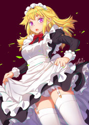 Rule 34 | 1girl, alternate costume, apron, artist name, black dress, blonde hair, bow, cameltoe, chromatic aberration, clothes lift, dress, dress lift, enmaided, frilled apron, frills, highres, long hair, long sleeves, looking at viewer, maid, maid apron, maid headdress, mitake eil, open mouth, original, panties, pantyshot, petticoat, puffy long sleeves, puffy sleeves, purple eyes, red bow, solo, standing, thighhighs, underwear, white apron, white panties, white thighhighs