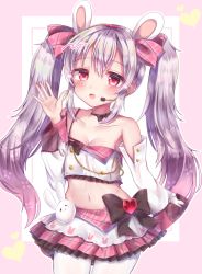 Rule 34 | 1girl, :d, absurdres, animal ears, azur lane, bad id, bad pixiv id, baozi, bare shoulders, blush, bow, breasts, commentary request, detached sleeves, fake animal ears, food, hair between eyes, hair bow, hairband, hand up, headset, heart, highres, himeno ame, idol, jacket, laffey (azur lane), laffey (bunny idol @unmotivated) (azur lane), leggings, long hair, long sleeves, looking at viewer, microphone, midriff, navel, open mouth, pink jacket, pink skirt, plaid, plaid skirt, pleated skirt, rabbit ears, red eyes, revision, ribbon, sidelocks, simple background, skirt, smile, solo, twintails, waving, white hair, white leggings