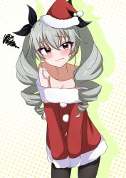 Rule 34 | 1girl, absurdres, anchovy (girls und panzer), bare shoulders, black pantyhose, black ribbon, blush, christmas, closed mouth, commentary, cowboy shot, dress, dress tug, drill hair, frown, fur-trimmed dress, fur-trimmed headwear, fur trim, girls und panzer, green hair, hair ribbon, hat, highres, long hair, long sleeves, looking at viewer, motti (motthi0711), off-shoulder dress, off shoulder, pantyhose, red eyes, ribbon, santa dress, santa hat, short dress, solo, squiggle, standing, sweatdrop, tearing up, tilted headwear, twin drills, twintails