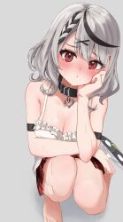 Rule 34 | 1girl, arm across chest, bare shoulders, black collar, blush, braid, breasts, camisole, check commentary, cleavage, collar, commentary, commentary request, eyelashes, frilled camisole, frills, grey background, grey hair, hair ornament, hand fan, heart collar, heart pendant, highres, holding, holding fan, hololive, hot, large breasts, looking at viewer, medium hair, multicolored hair, partial commentary, plaid, plaid skirt, puckered lips, red eyes, sakamata chloe, simple background, sitting, skirt, streaked hair, sweat, theo tartaros, virtual youtuber, white camisole, x hair ornament
