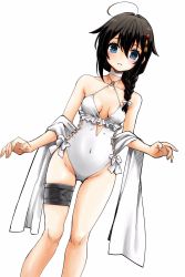 Rule 34 | 1girl, ahoge, black hair, blue eyes, braid, breasts, casual one-piece swimsuit, choker, commentary request, cosplay, covered navel, cowboy shot, criss-cross halter, dutch angle, feet out of frame, frilled one-piece swimsuit, frilled swimsuit, frills, gouta (nagishiro6624), hair flaps, hair ornament, hair over shoulder, halterneck, highres, kantai collection, long hair, looking down, one-piece swimsuit, sagiri (kancolle), sagiri (kancolle) (cosplay), shawl, shigure (kancolle), shigure kai ni (kancolle), side-tie swimsuit, single braid, small breasts, solo, standing, swimsuit, thigh strap, white choker, white one-piece swimsuit, white shawl