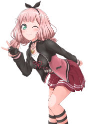 Rule 34 | bang dream!, black gloves, black jacket, black shirt, blouse, breasts, collarbone, commentary request, fingerless gloves, frilled shirt, frills, gloves, jacket, jewelry, lic (licloud28), long hair, multicolored clothes, multicolored jacket, necklace, pink hair, pink jacket, red skirt, shirt, simple background, skirt, small breasts, solo, two-tone jacket, uehara himari, v, white background