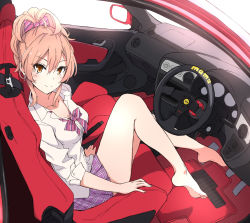 Rule 34 | 1girl, absurdres, barefoot, bow, bowtie, breasts, brown eyes, car interior, cleavage, collared shirt, commentary, from outside, from side, highres, honda, honda integra, idolmaster, idolmaster cinderella girls, igo miku, jougasaki mika, legs, long sleeves, looking at viewer, looking to the side, pink hair, pleated skirt, popped collar, purple bow, purple bowtie, purple skirt, school uniform, shirt, short hair, sitting, skirt, smile, solo, v-shaped eyebrows, white shirt, wing collar