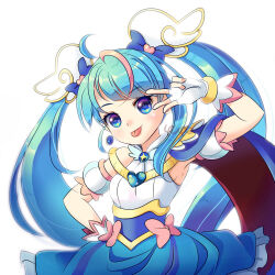 Rule 34 | 1girl, :p, ahoge, artist name, backlighting, blue cape, blue dress, blue eyes, blue hair, bow, cape, closed mouth, commentary, cure sky, cut bangs, detached sleeves, dress, earrings, fingerless gloves, gloves, hand on own hip, hirogaru sky! precure, jewelry, long hair, looking at viewer, magical girl, medium dress, multicolored hair, pink bow, pink hair, precure, puffy detached sleeves, puffy sleeves, red cape, signature, single earring, sleeveless, sleeveless dress, smile, solo, sora harewataru, sparkling eyes, standing, streaked hair, tongue, tongue out, twintails, two-sided cape, two-sided fabric, v over eye, very long hair, white gloves, wing hair ornament, yupo (yupo4069)