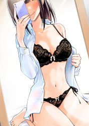 Rule 34 | 1girl, absurdres, black bra, black hair, black panties, blunt bangs, blush, bra, breasts, cellphone, cleavage, collared shirt, commentary request, dojirou, dress shirt, highres, holding, holding clothes, holding phone, holding shirt, large breasts, mirror, navel, original, panties, phone, selfie, shirt, sidelocks, sitting, smartphone, smile, solo, stomach, text messaging, thighs, underwear, wariza, white shirt